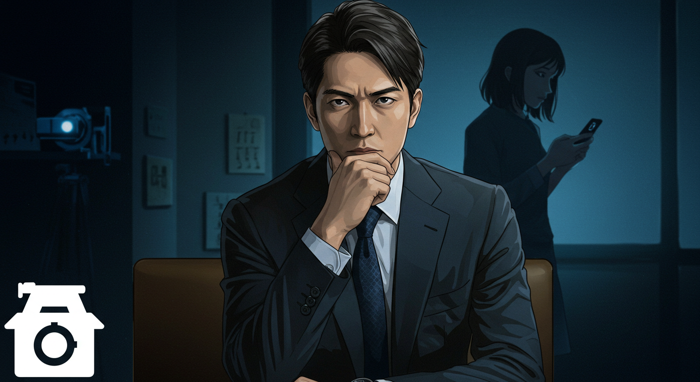 妻の不倫を疑う男性と探偵の解決策を示すイラスト
