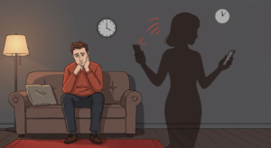 "妻の不倫のサインを疑う男性のイラスト</p